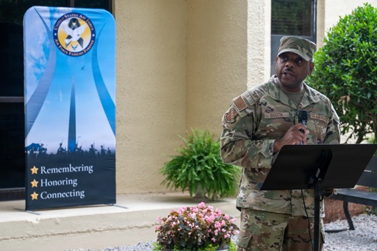 U.S. Air Force Chief Master Sgt. Demitrius Booth, 42d Air Base Wing command chief, delivers remarks during a rededication ceremony 